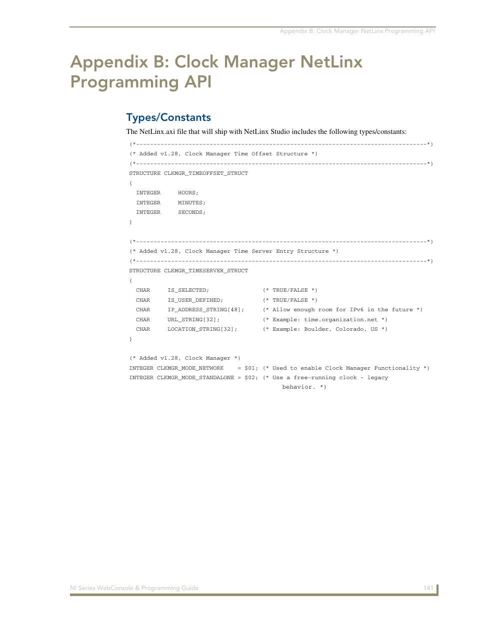 Appendix b: clock manager netlinx programming api, Types/constants | AMX NI-2100/3100/4100 User Manual | Page 149 / 154