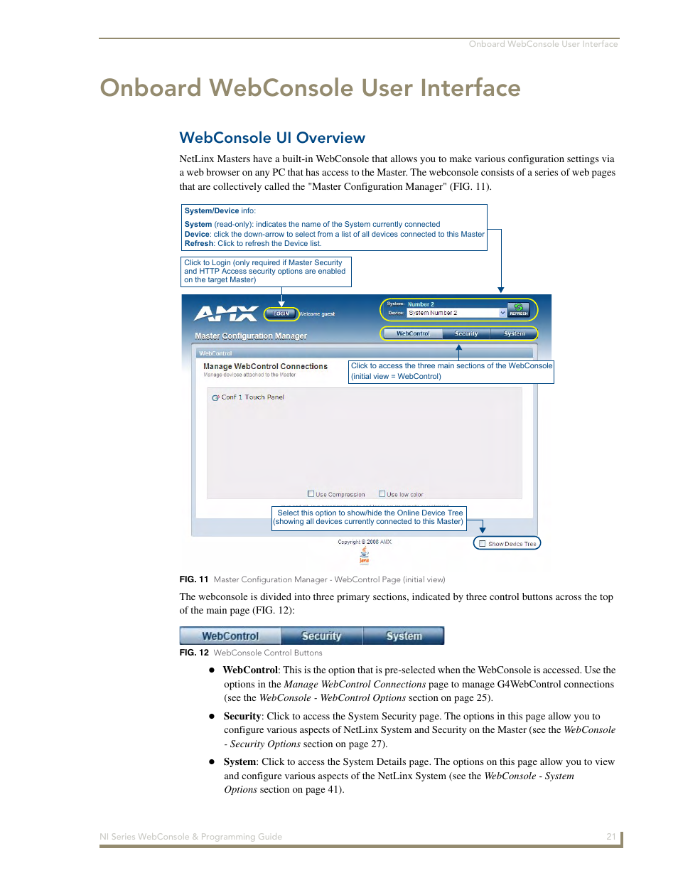 Onboard webconsole user interface, Webconsole ui overview | AMX NI-2100/3100/4100 User Manual | Page 29 / 154