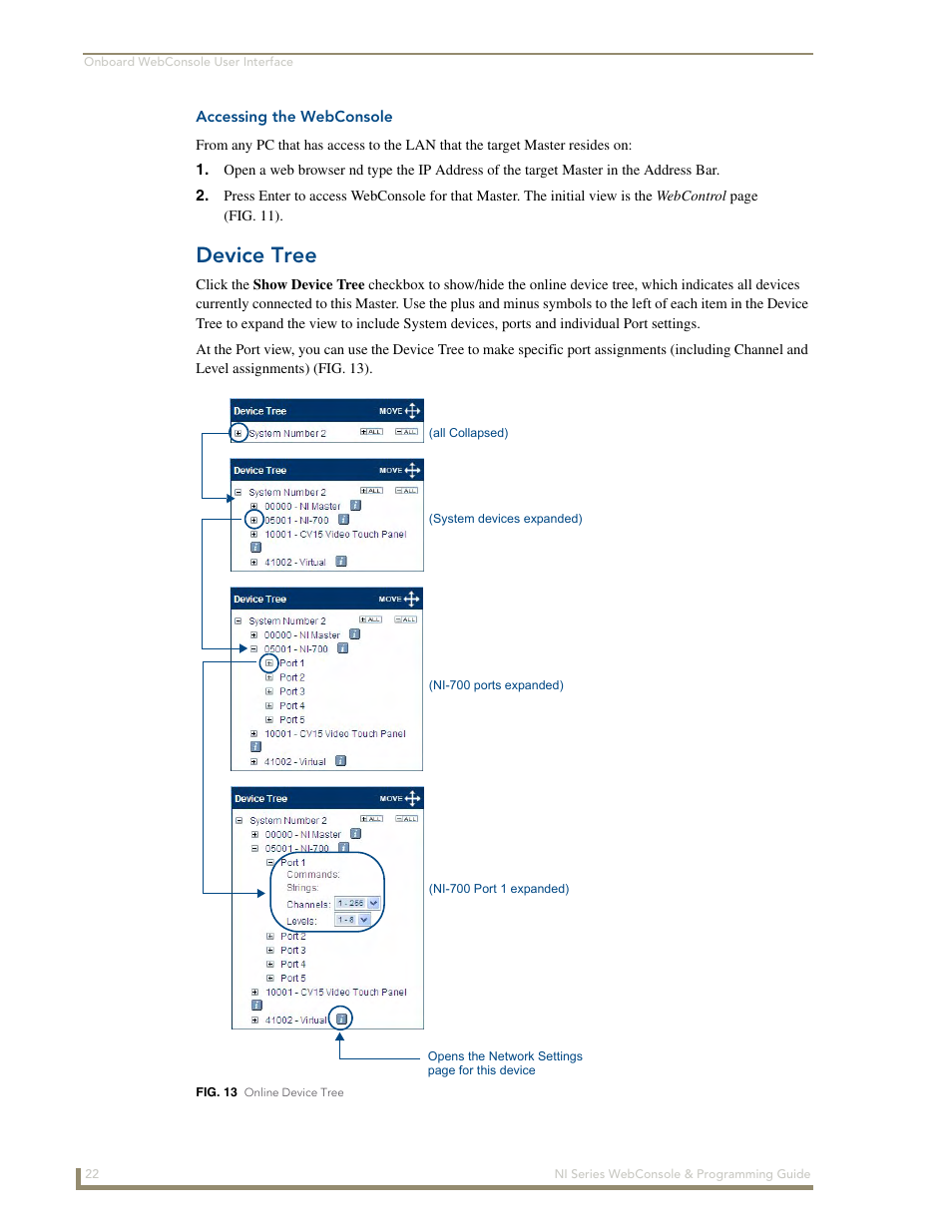 Accessing the webconsole, Device tree | AMX NI-2100/3100/4100 User Manual | Page 30 / 154