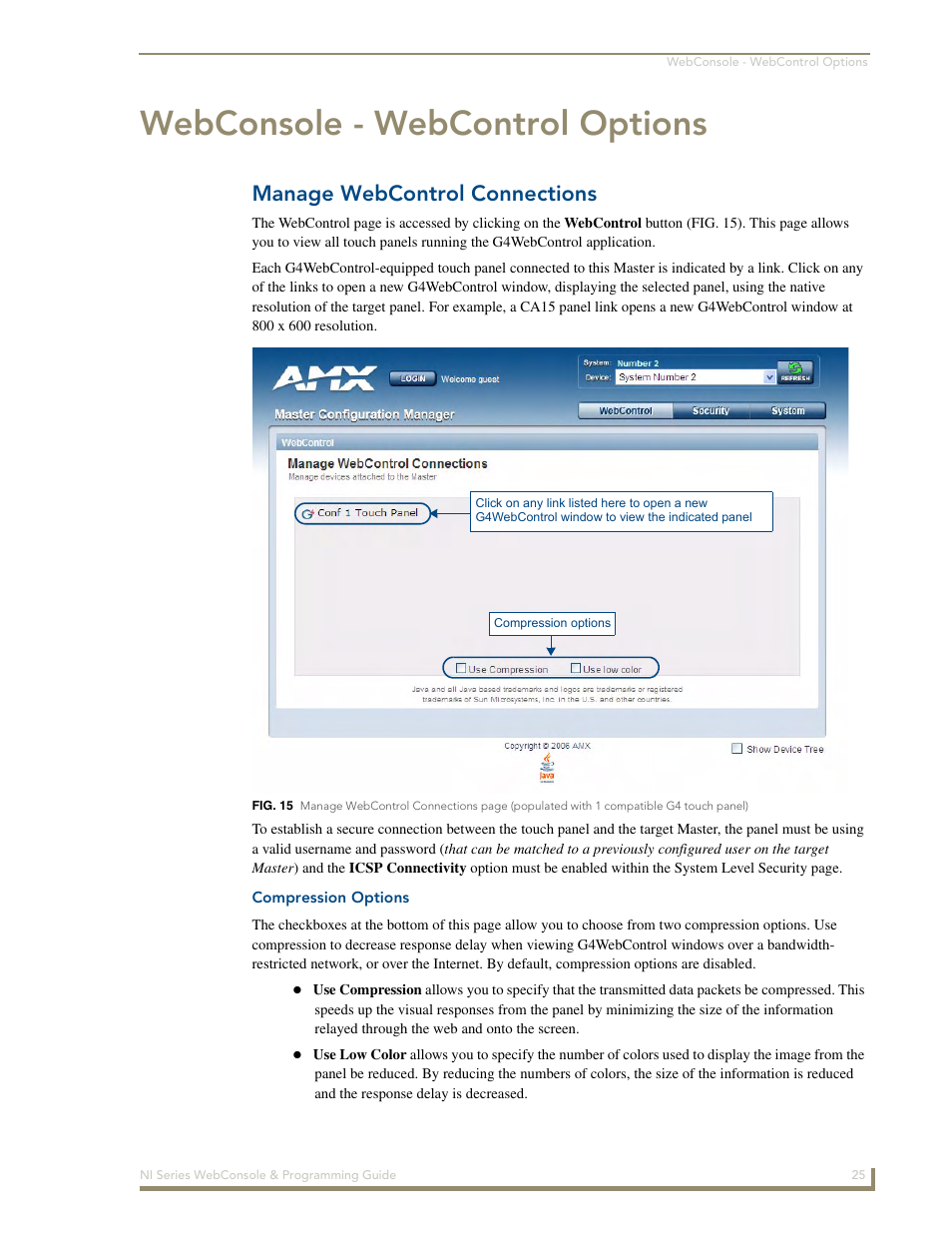 Webconsole - webcontrol options, Manage webcontrol connections, Compression options | AMX NI-2100/3100/4100 User Manual | Page 33 / 154