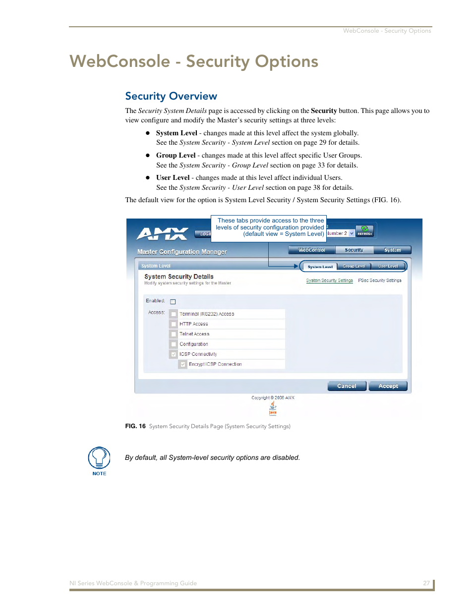 Webconsole - security options, Security overview | AMX NI-2100/3100/4100 User Manual | Page 35 / 154