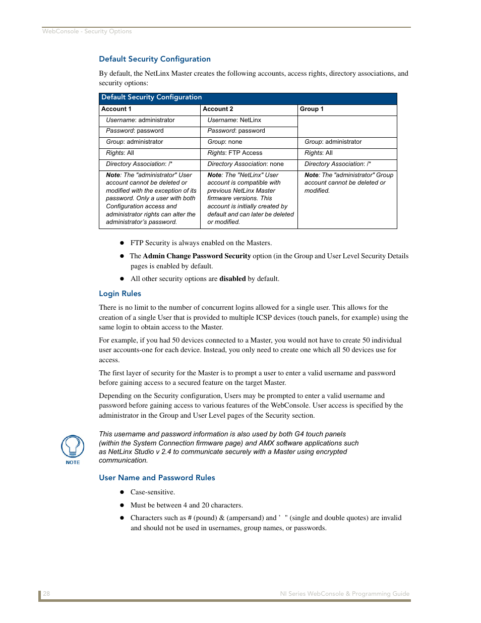 Default security configuration, Login rules, User name and password rules | AMX NI-2100/3100/4100 User Manual | Page 36 / 154