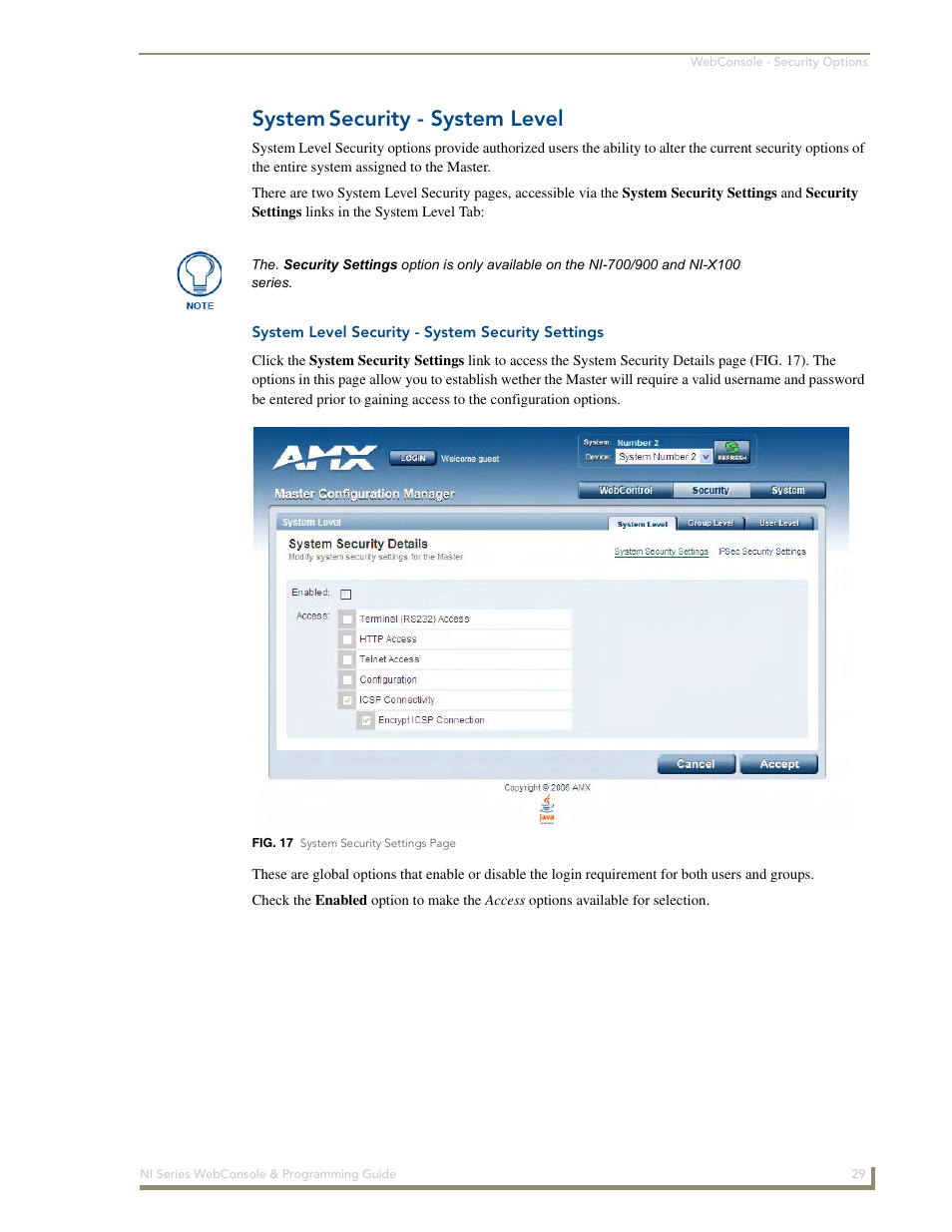 System security - system level, System level security - system security settings, System | Security - system level | AMX NI-2100/3100/4100 User Manual | Page 37 / 154