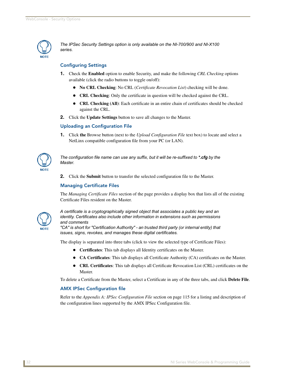 Configuring settings, Uploading an configuration file, Managing certificate files | Amx ipsec configuration file | AMX NI-2100/3100/4100 User Manual | Page 40 / 154