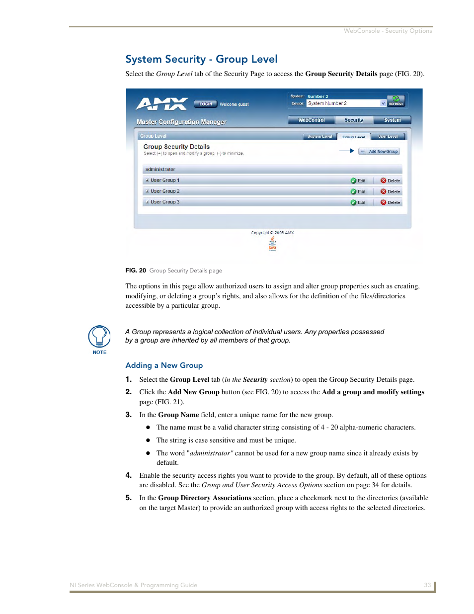 System security - group level, Adding a new group | AMX NI-2100/3100/4100 User Manual | Page 41 / 154