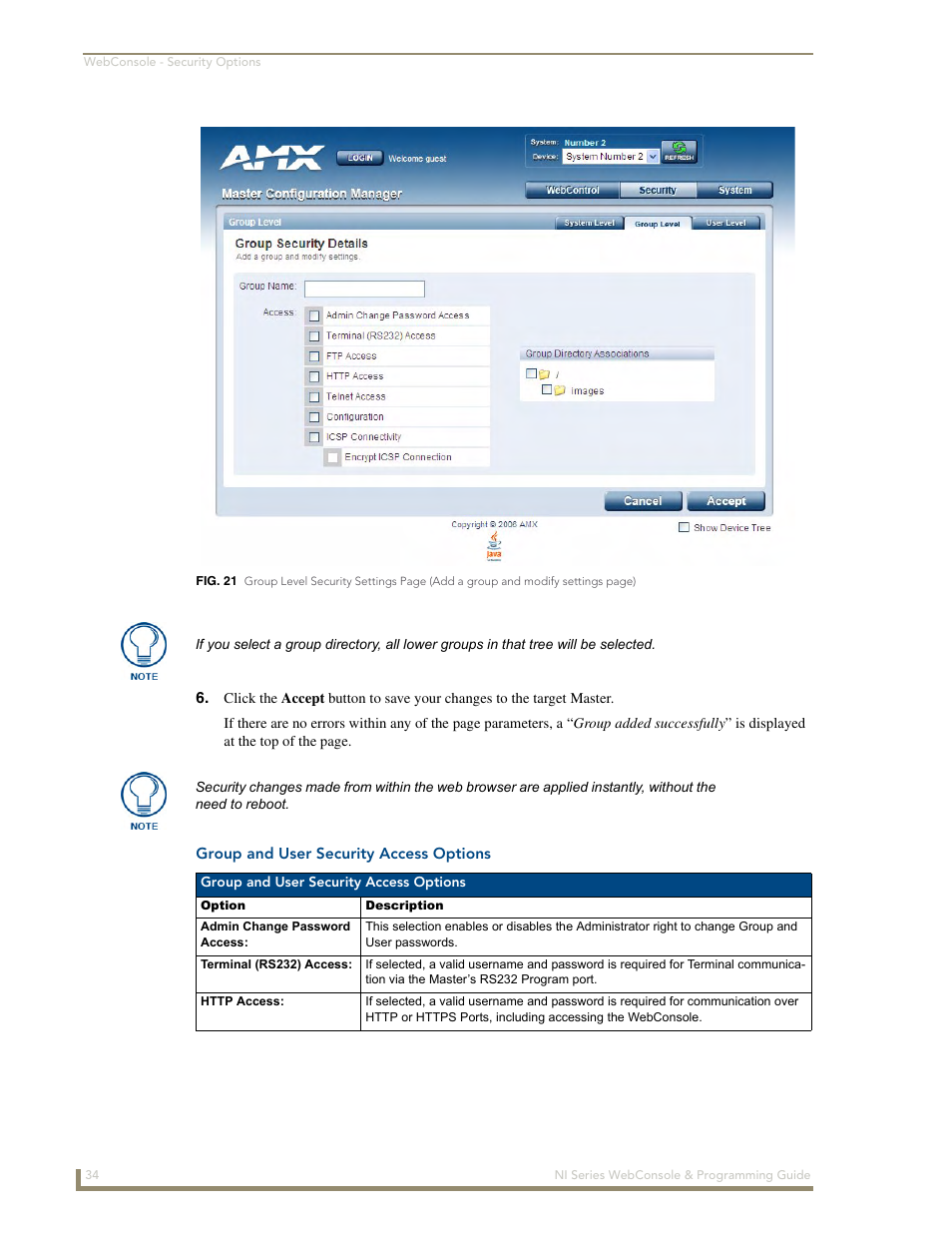 Group and user security access options, Fig. 21) | AMX NI-2100/3100/4100 User Manual | Page 42 / 154