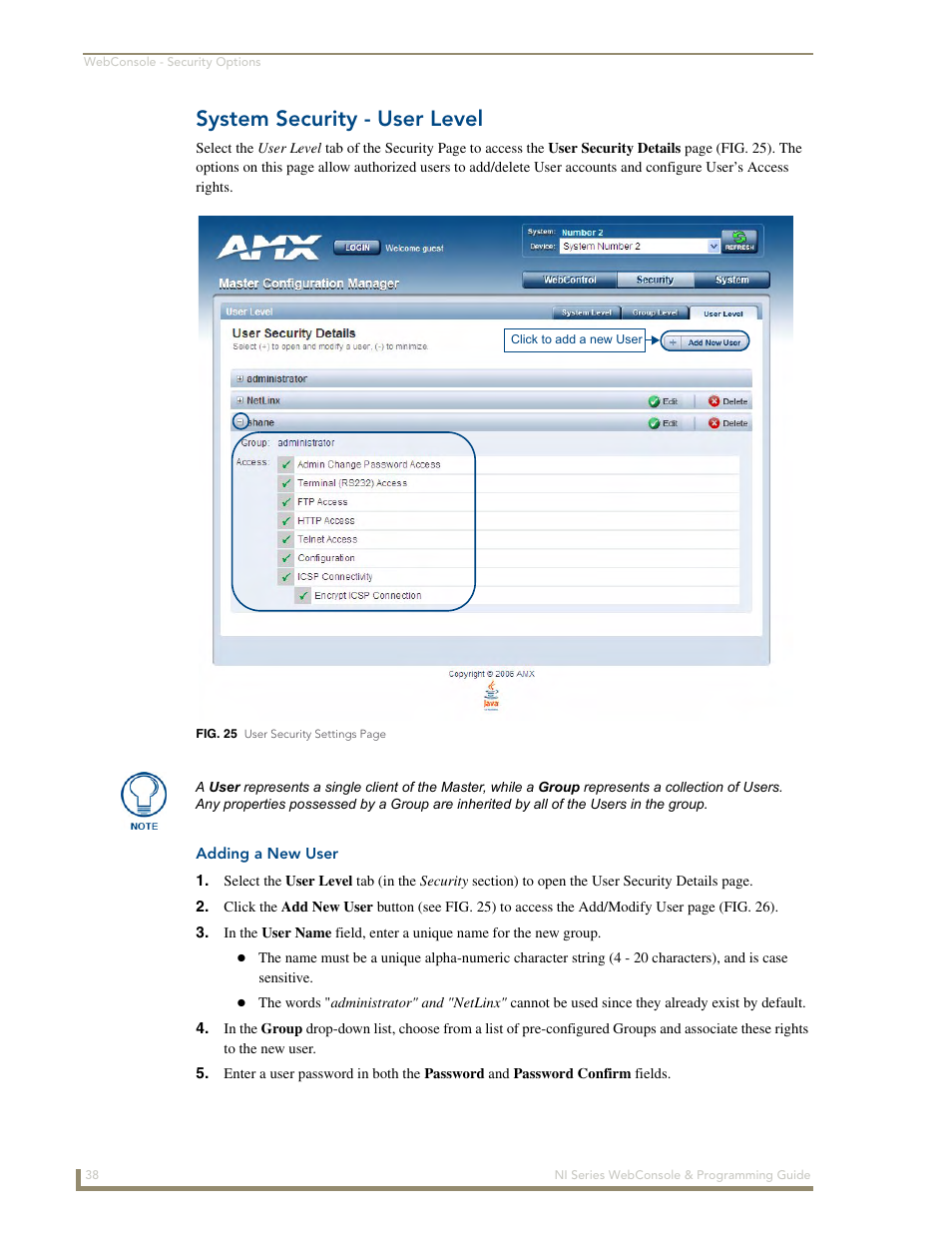 System security - user level, Adding a new user | AMX NI-2100/3100/4100 User Manual | Page 46 / 154