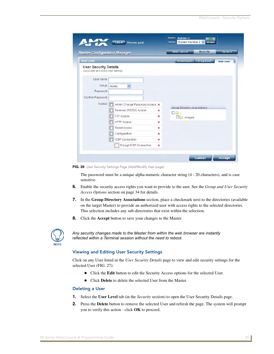 Viewing and editing user security settings, Deleting a user | AMX NI-2100/3100/4100 User Manual | Page 47 / 154