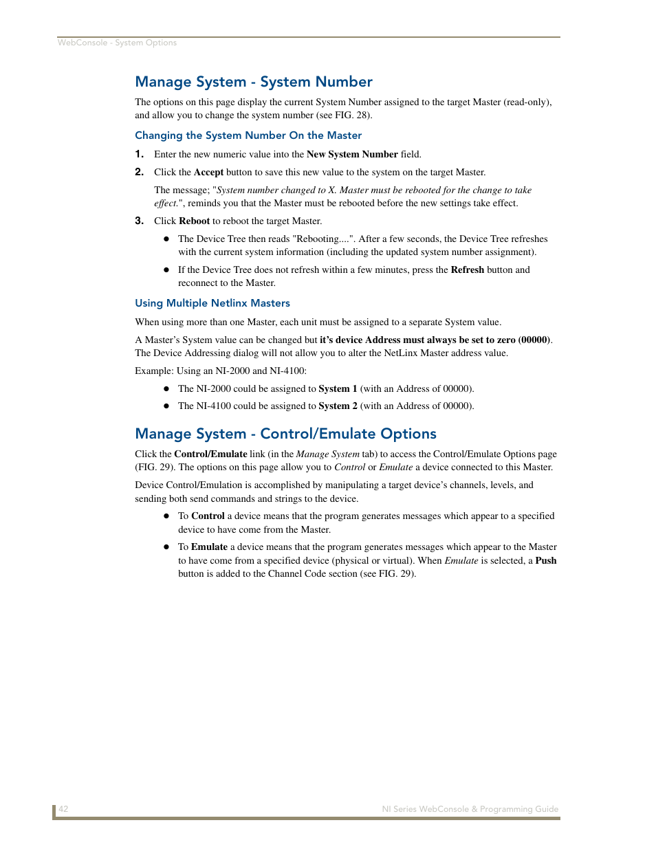 Manage system - system number, Changing the system number on the master, Using multiple netlinx masters | Manage system - control/emulate options | AMX NI-2100/3100/4100 User Manual | Page 50 / 154