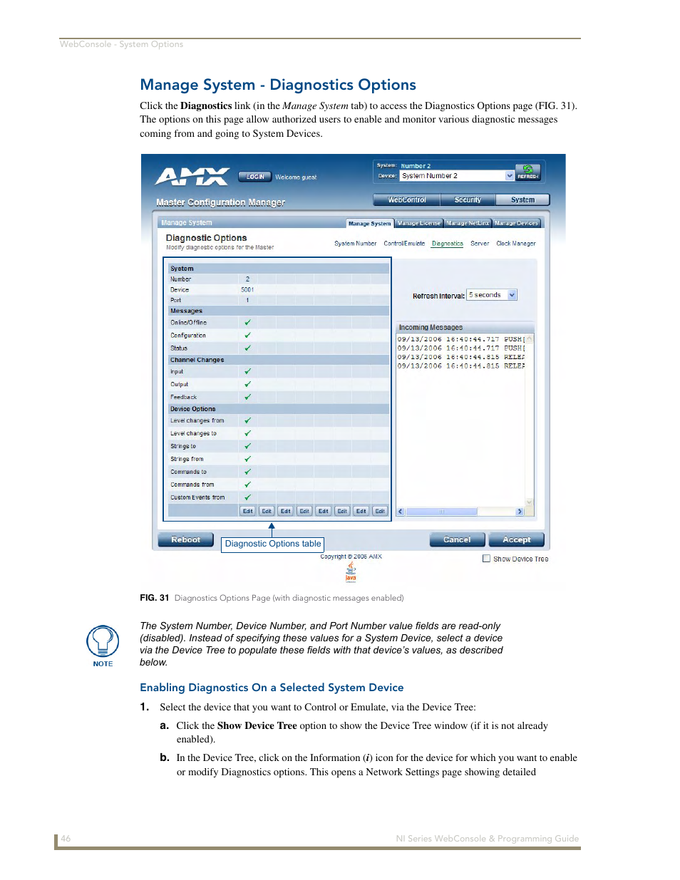 Manage system - diagnostics options, Enabling diagnostics on a selected system device | AMX NI-2100/3100/4100 User Manual | Page 54 / 154