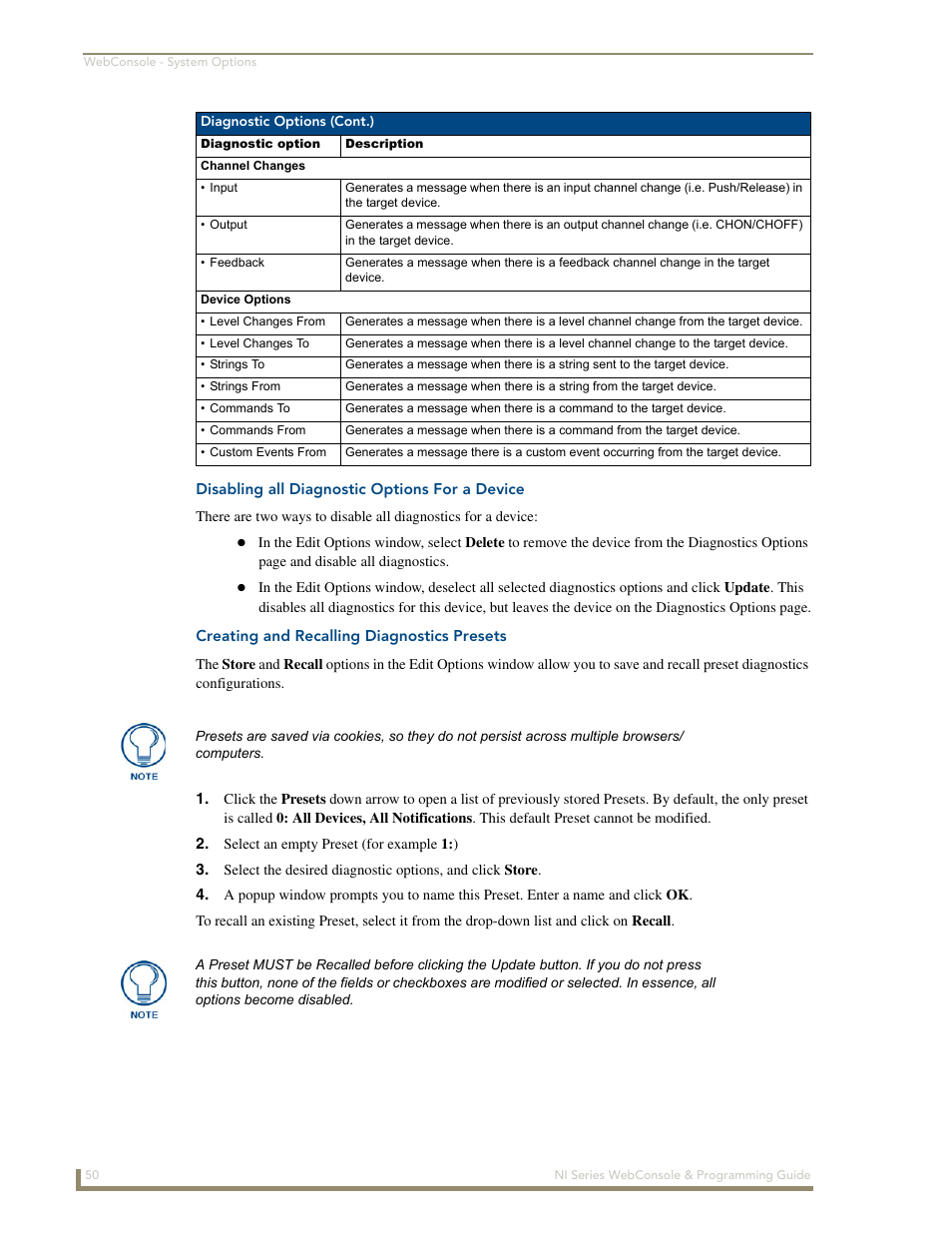 Disabling all diagnostic options for a device, Creating and recalling diagnostics presets | AMX NI-2100/3100/4100 User Manual | Page 58 / 154