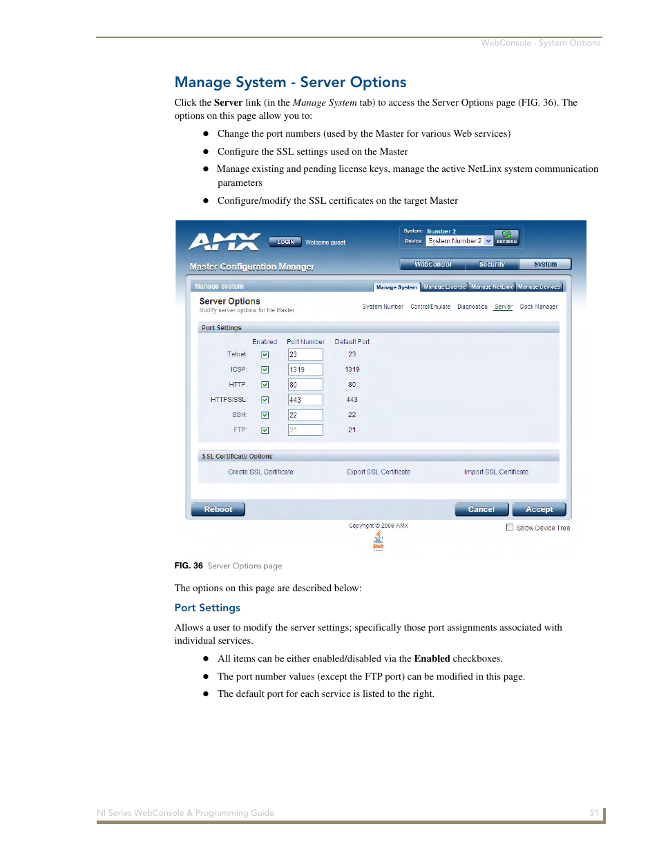 Manage system - server options, Port settings | AMX NI-2100/3100/4100 User Manual | Page 59 / 154