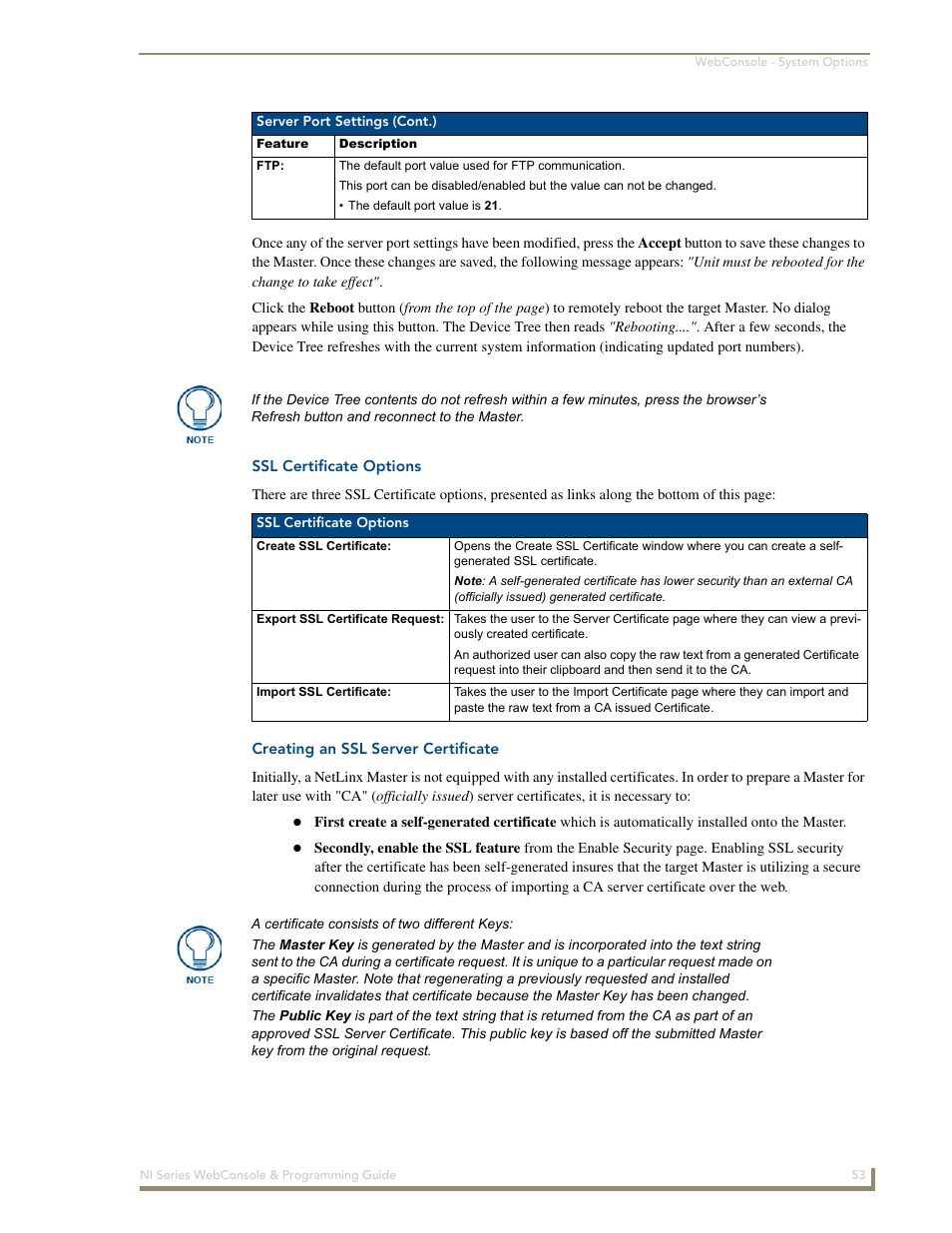 Ssl certificate options, Creating an ssl server certificate | AMX NI-2100/3100/4100 User Manual | Page 61 / 154