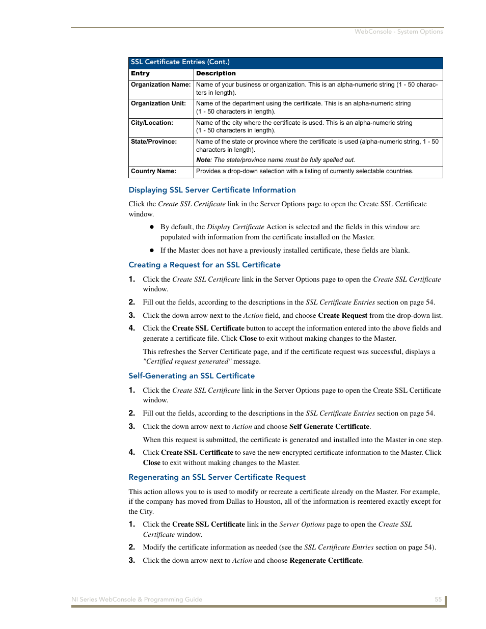 Displaying ssl server certificate information, Creating a request for an ssl certificate, Self-generating an ssl certificate | Regenerating an ssl server certificate request | AMX NI-2100/3100/4100 User Manual | Page 63 / 154