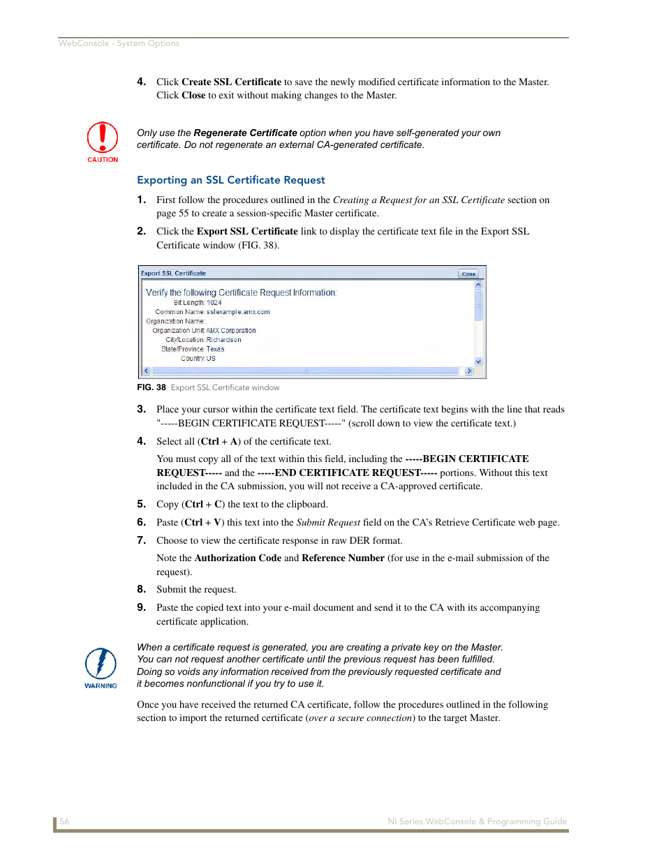 Exporting an ssl certificate request | AMX NI-2100/3100/4100 User Manual | Page 64 / 154