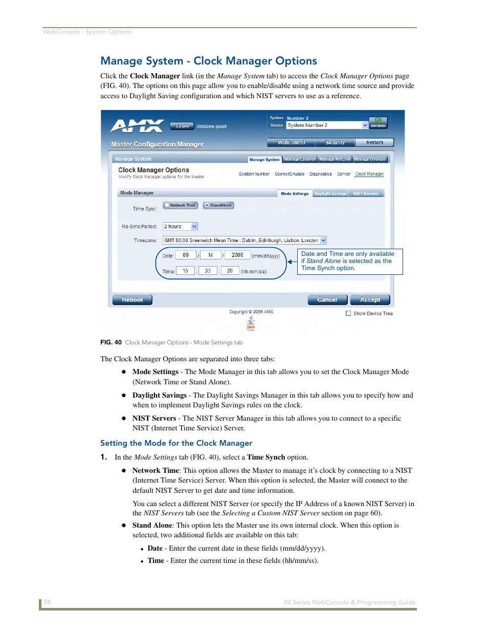 Manage system - clock manager options, Setting the mode for the clock manager | AMX NI-2100/3100/4100 User Manual | Page 66 / 154