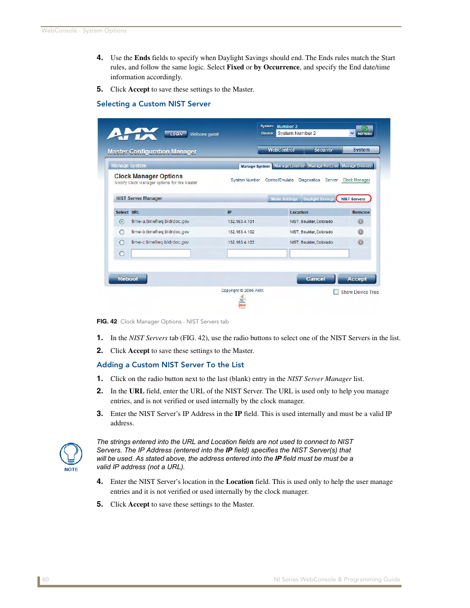 Selecting a custom nist server, Adding a custom nist server to the list | AMX NI-2100/3100/4100 User Manual | Page 68 / 154