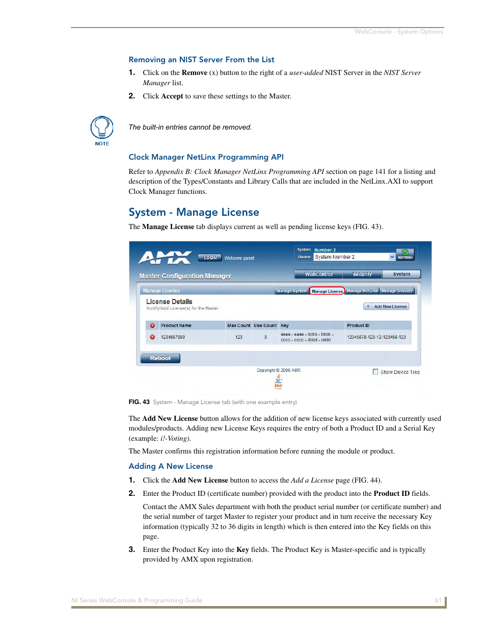 Clock manager netlinx programming api, System - manage license, Adding a new license | AMX NI-2100/3100/4100 User Manual | Page 69 / 154