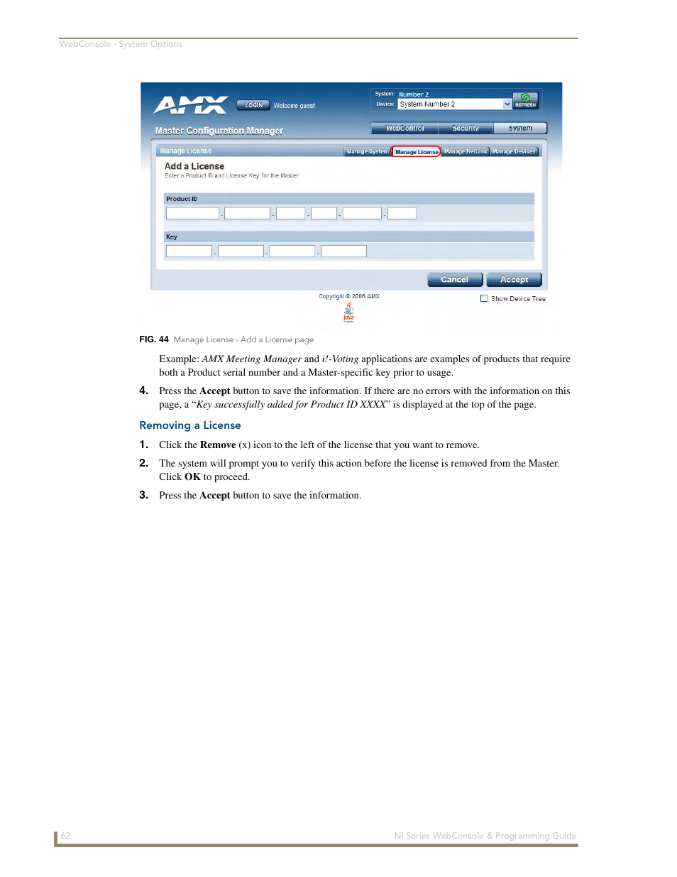 Removing a license | AMX NI-2100/3100/4100 User Manual | Page 70 / 154