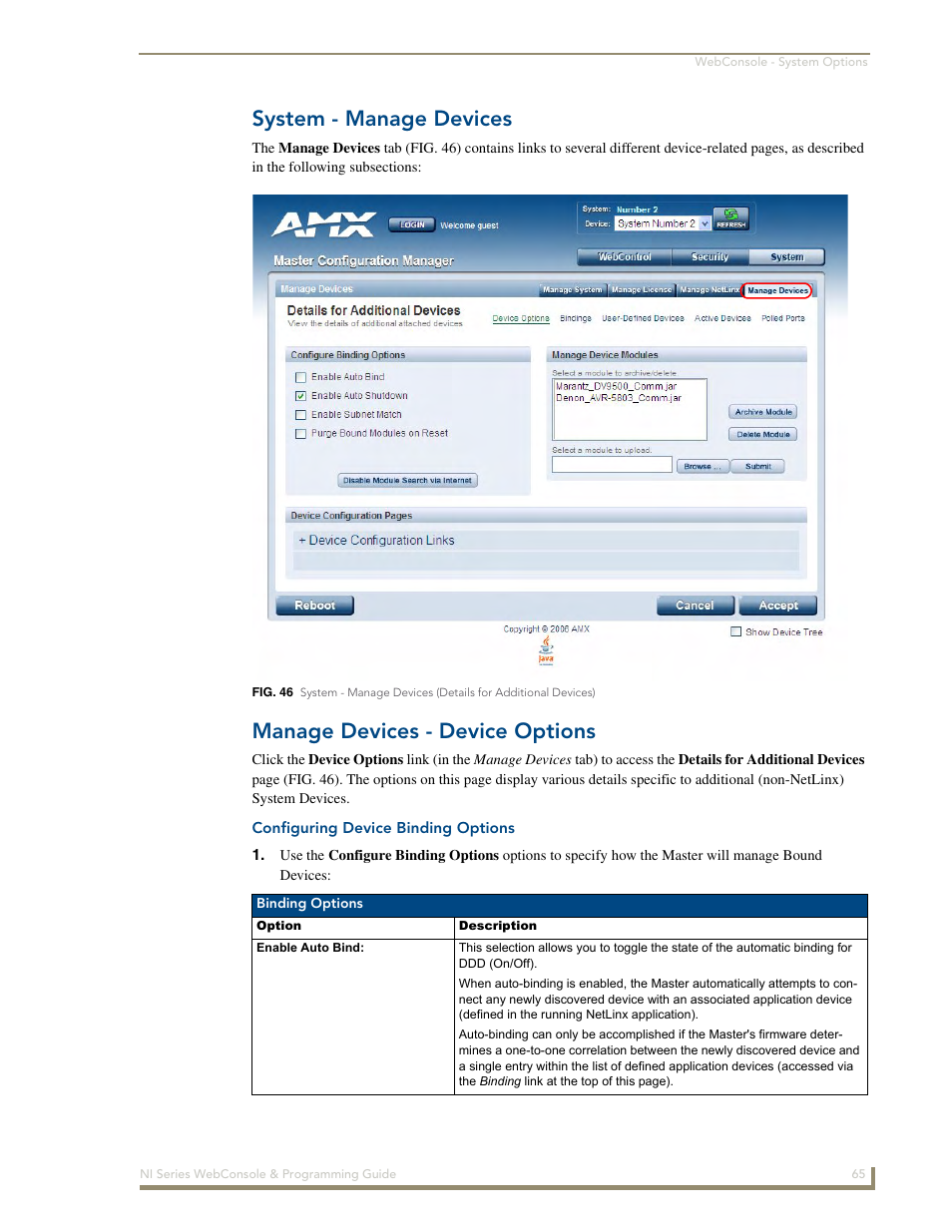 System - manage devices, Manage devices - device options, Configuring device binding options | AMX NI-2100/3100/4100 User Manual | Page 73 / 154