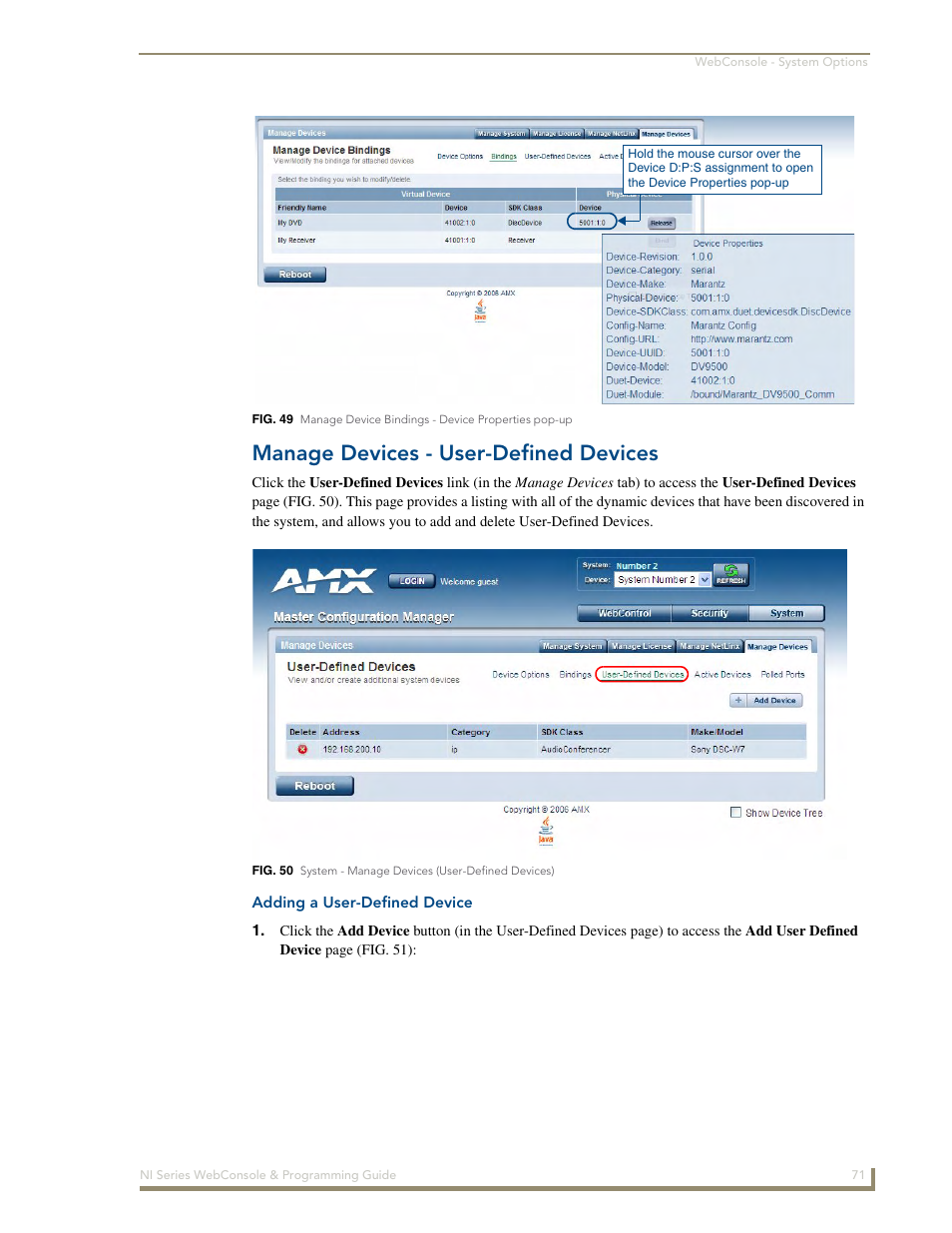 Manage devices - user-defined devices, Adding a user-defined device | AMX NI-2100/3100/4100 User Manual | Page 79 / 154