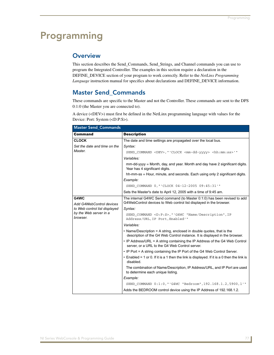 Programming, Overview, Master send_commands | AMX NI-2100/3100/4100 User Manual | Page 85 / 154