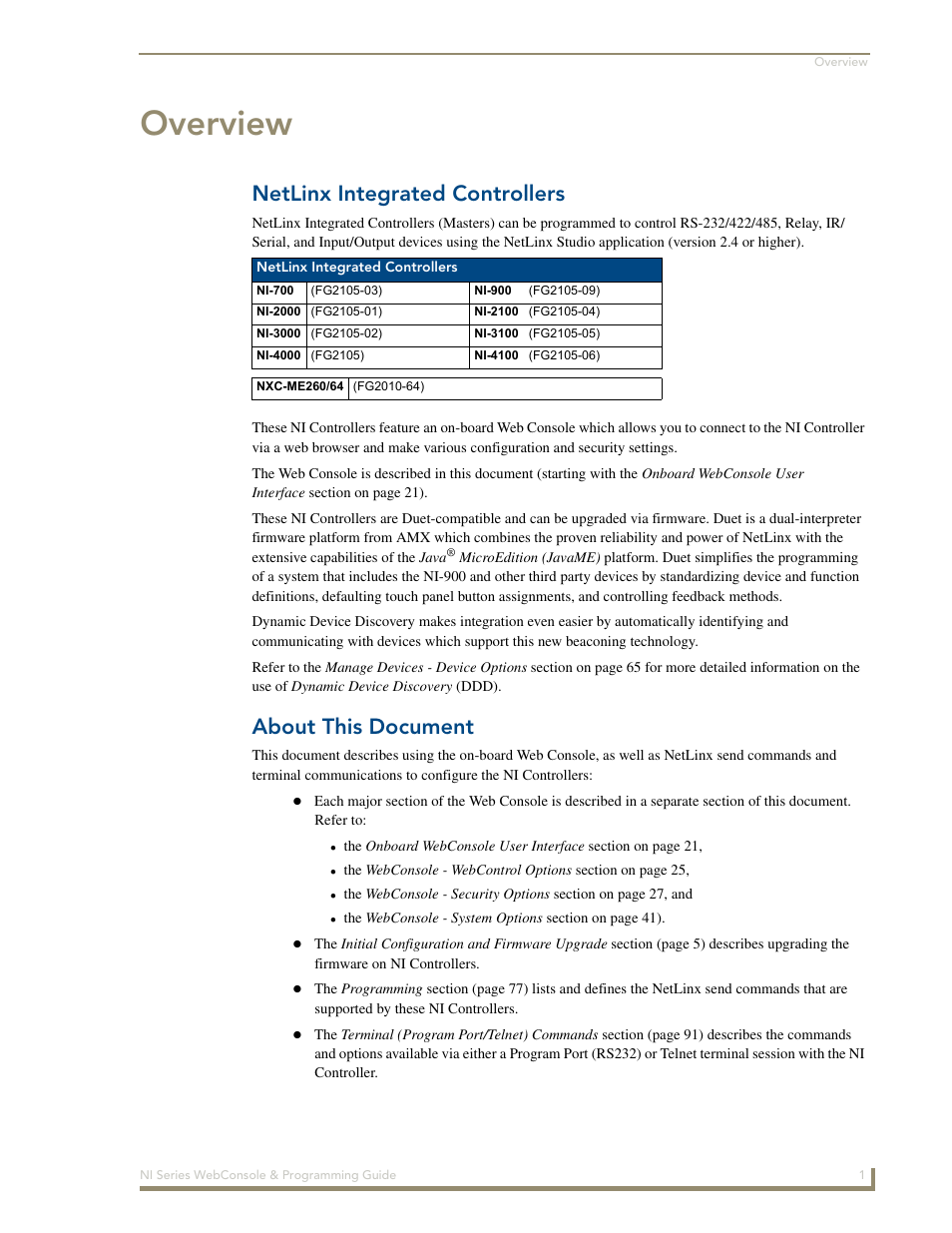 Overview, Netlinx integrated controllers, About this document | AMX NI-2100/3100/4100 User Manual | Page 9 / 154