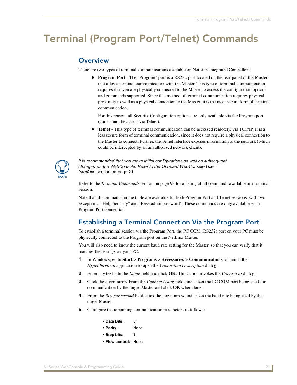 Terminal (program port/telnet) commands, Overview | AMX NI-2100/3100/4100 User Manual | Page 99 / 154