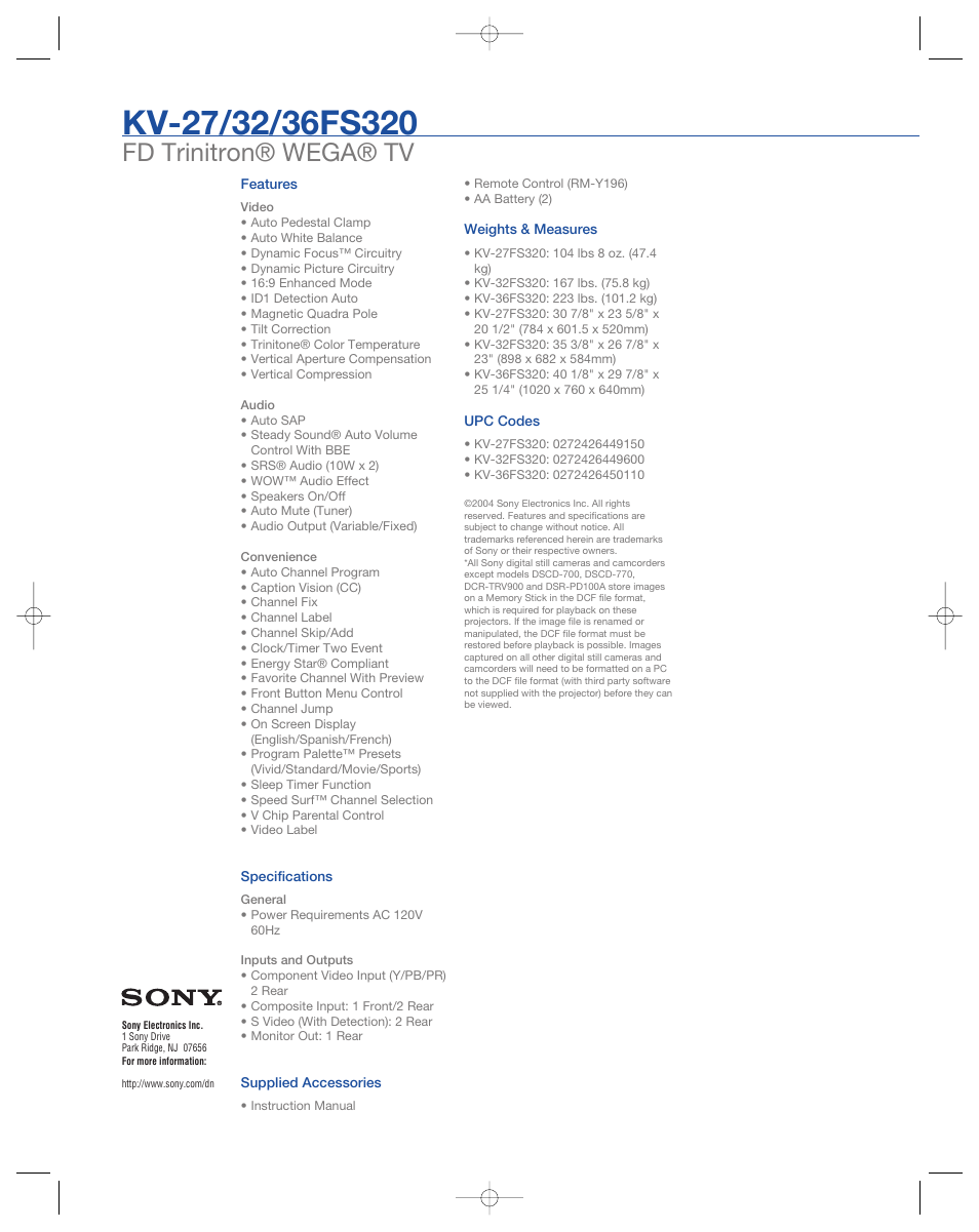 Fd trinitron® wega® tv | Sony KV-32FS320 User Manual | Page 2 / 2