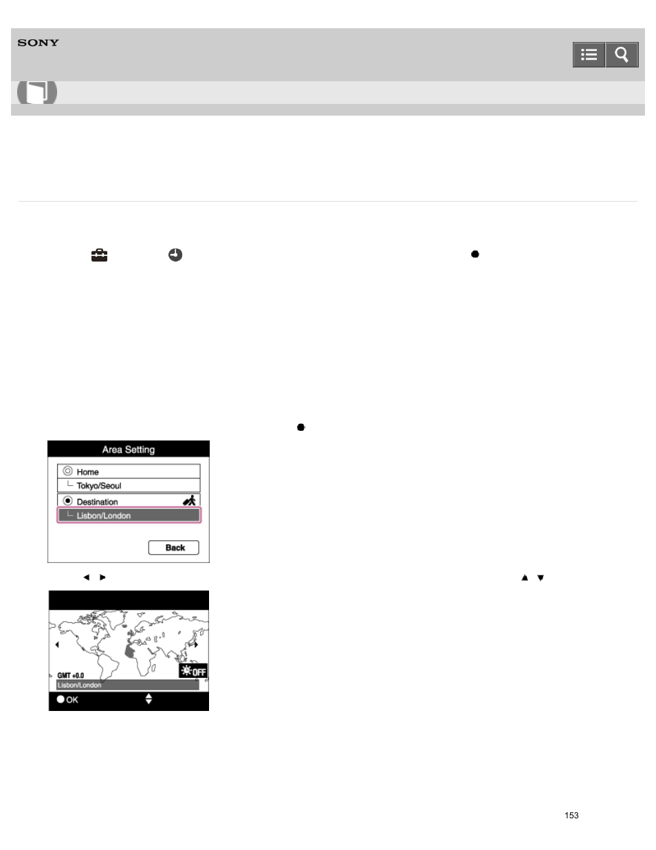 Area setting, Sets the area in which you are using this camera, Help guide | Sony DSC-W800 User Manual | Page 153 / 224