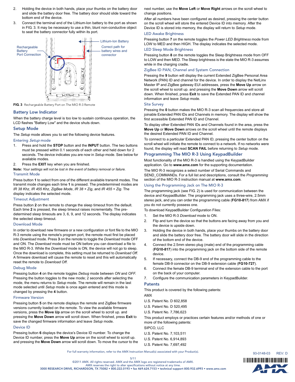 Battery low indicator, Setup mode, Entering setup mode | Transmit mode, Timeout adjustment, Download mode, Debug mode, Firmware version, Device id, Led awake brightness | AMX Mio R-3 User Manual | Page 2 / 2