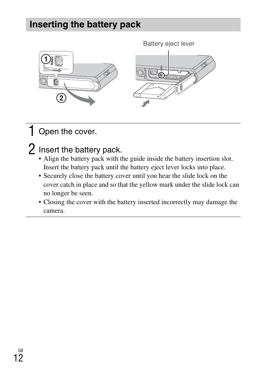 Inserting the battery pack | Sony DSC-TX30 User Manual | Page 12 / 80