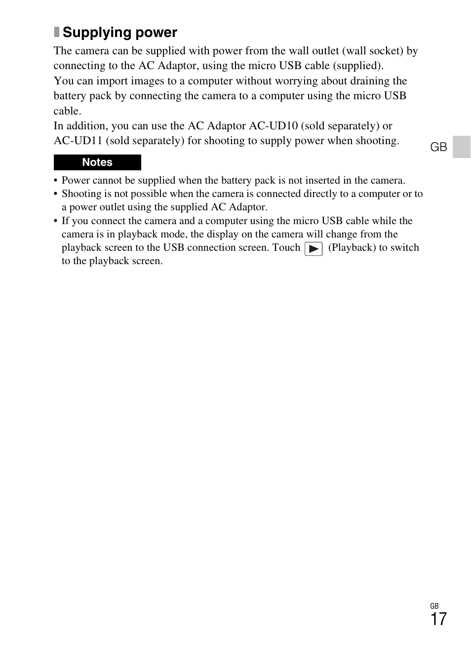 Xsupplying power | Sony DSC-TX30 User Manual | Page 17 / 80