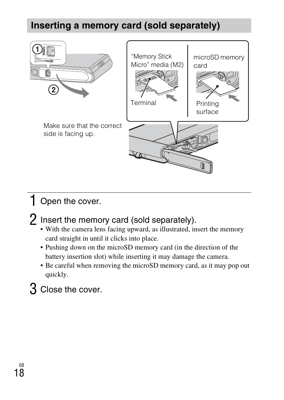 Inserting a memory card (sold separately) | Sony DSC-TX30 User Manual | Page 18 / 80
