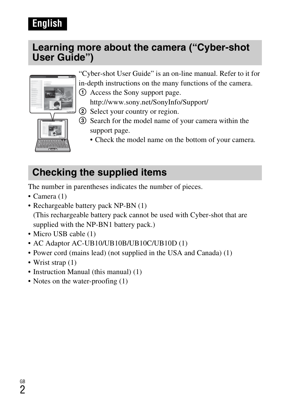 English, Checking the supplied items | Sony DSC-TX30 User Manual | Page 2 / 80
