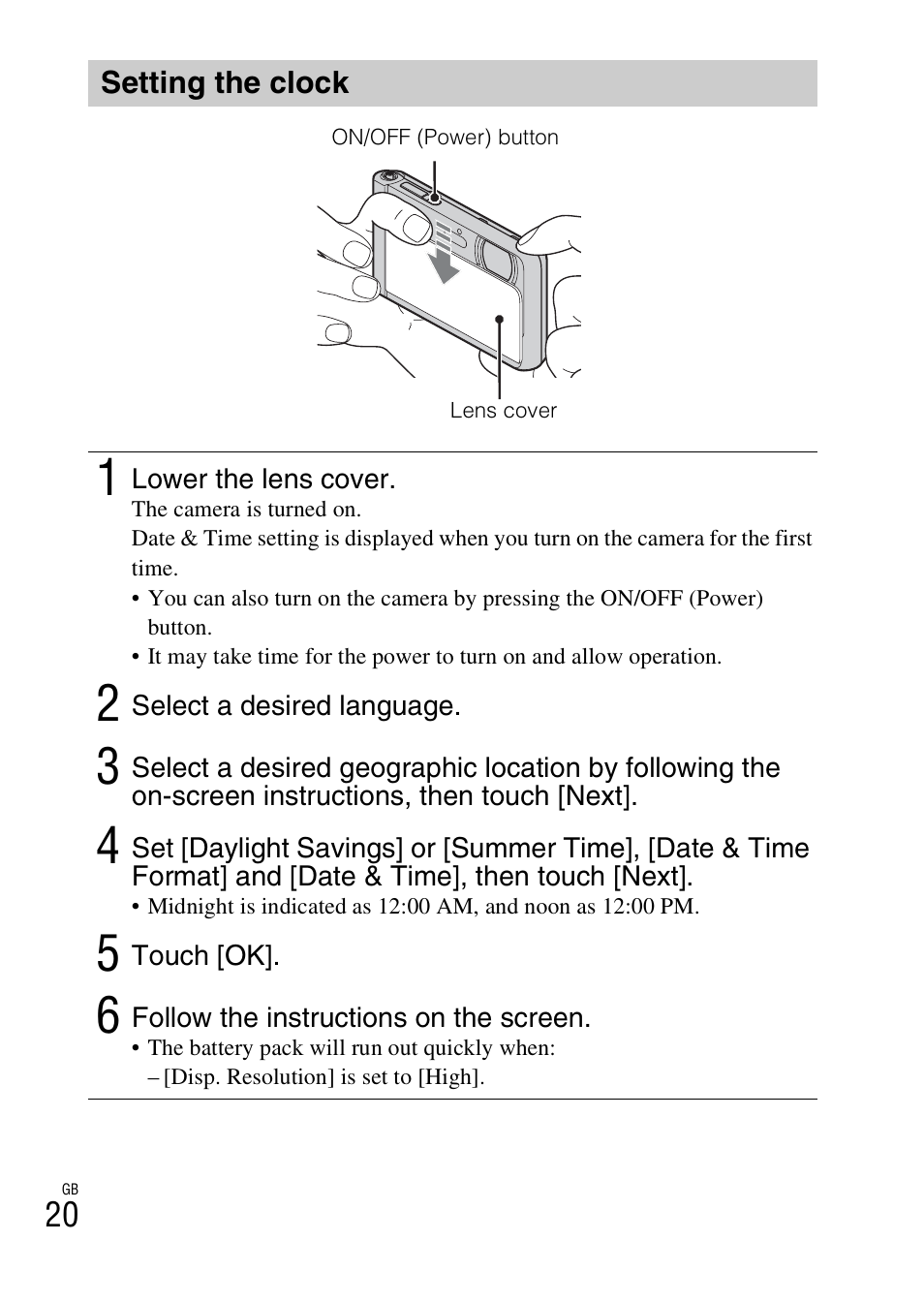 Setting the clock | Sony DSC-TX30 User Manual | Page 20 / 80
