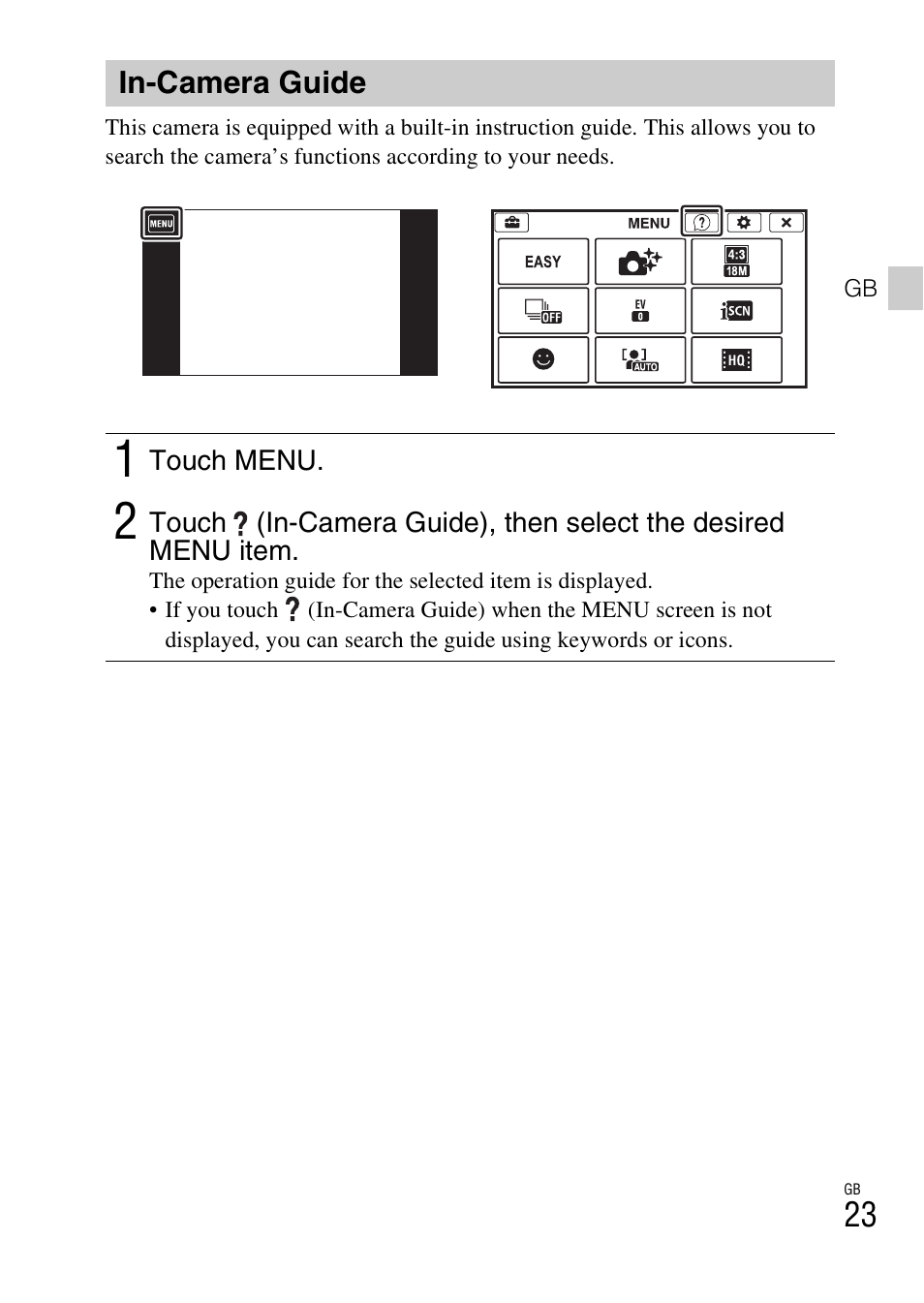 In-camera guide | Sony DSC-TX30 User Manual | Page 23 / 80