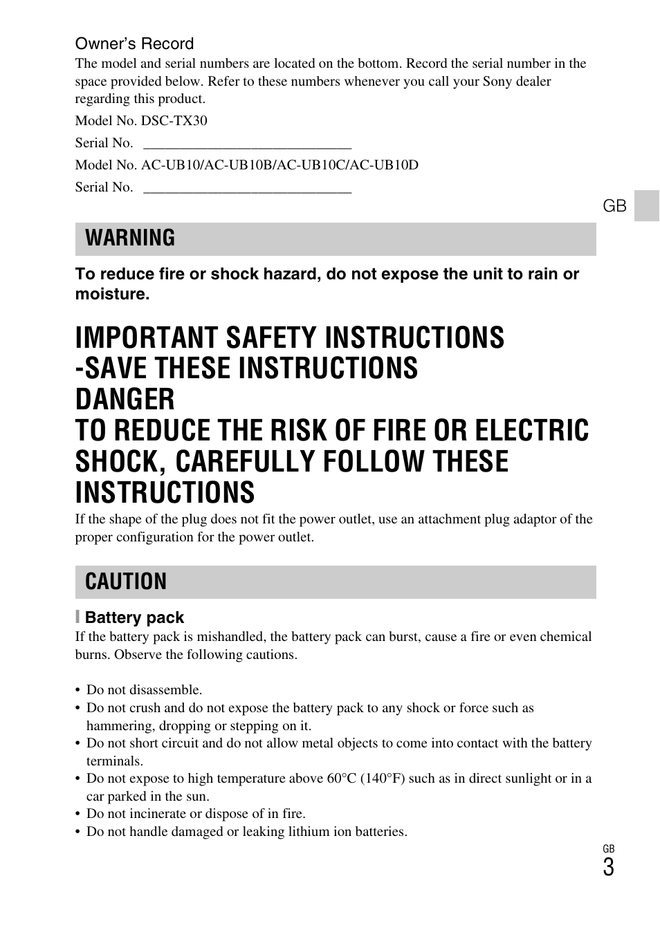 Warning caution | Sony DSC-TX30 User Manual | Page 3 / 80