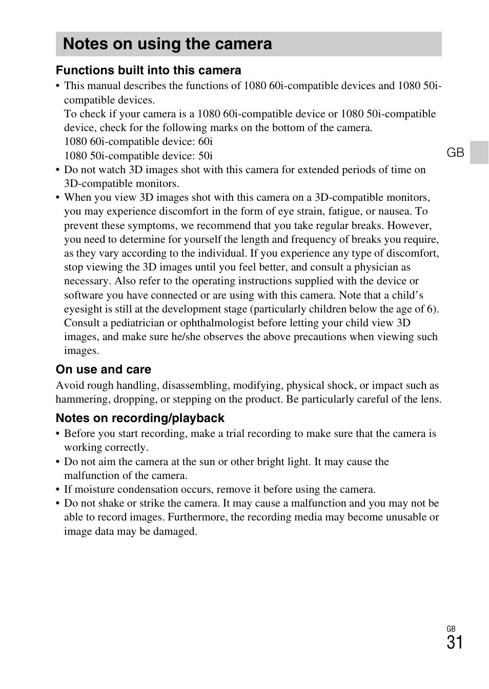 Notes on using the camera | Sony DSC-TX30 User Manual | Page 31 / 80