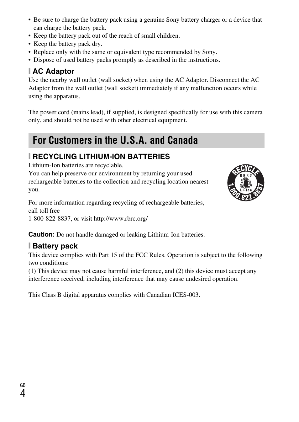 For customers in the u.s.a. and canada | Sony DSC-TX30 User Manual | Page 4 / 80
