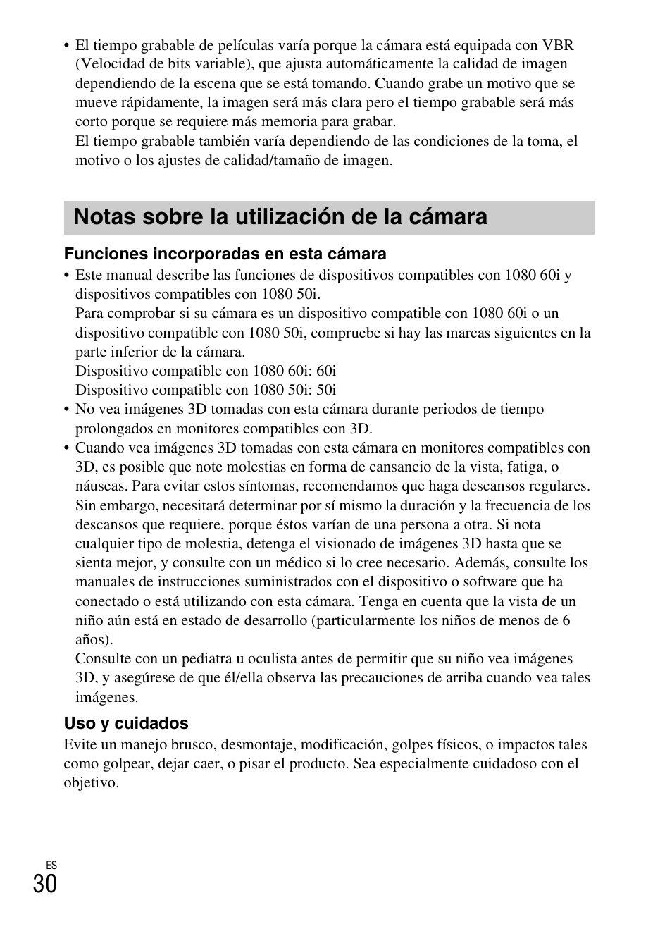 Notas sobre la utilización de la cámara | Sony DSC-TX30 User Manual | Page 66 / 80
