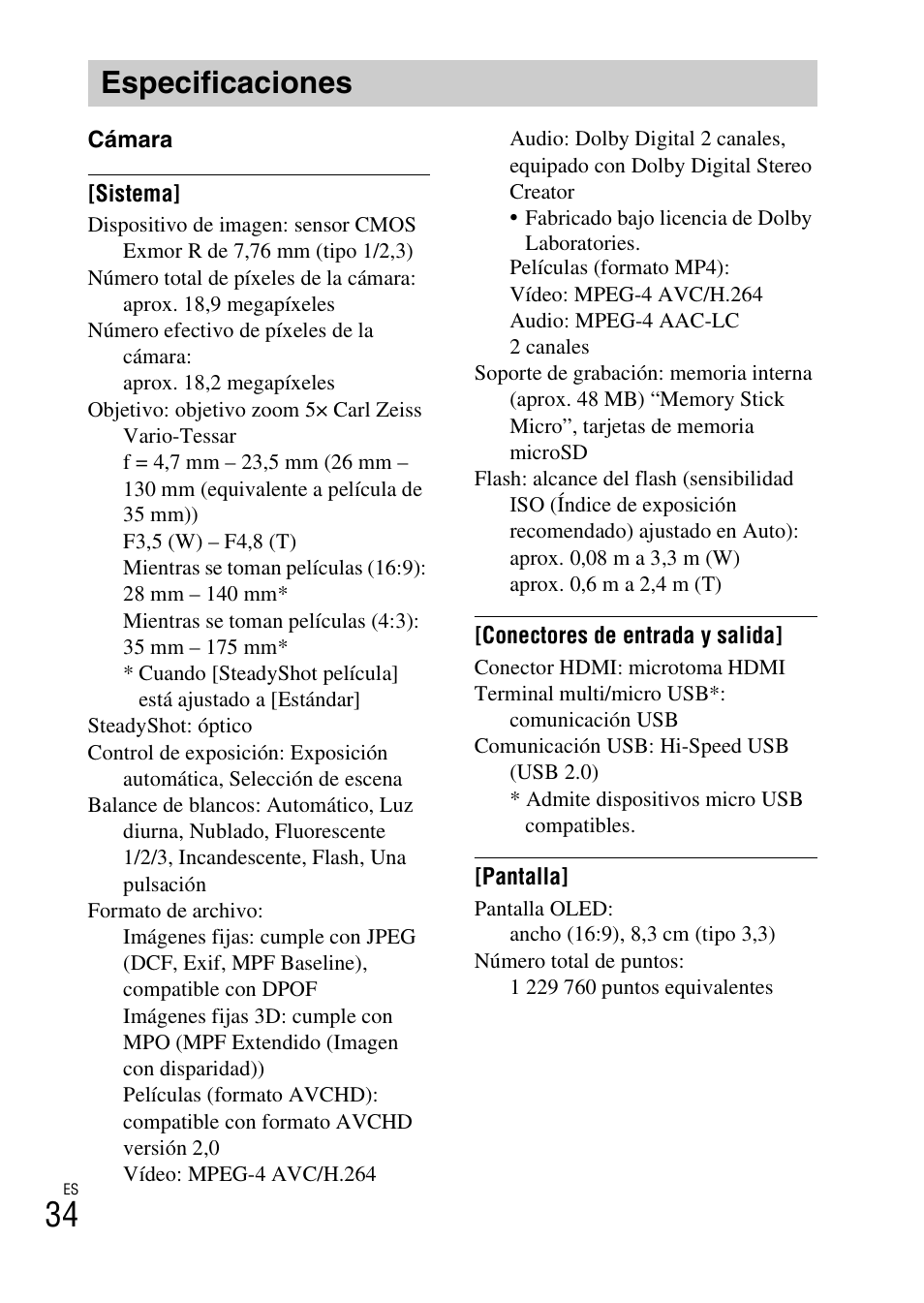 Especificaciones | Sony DSC-TX30 User Manual | Page 70 / 80