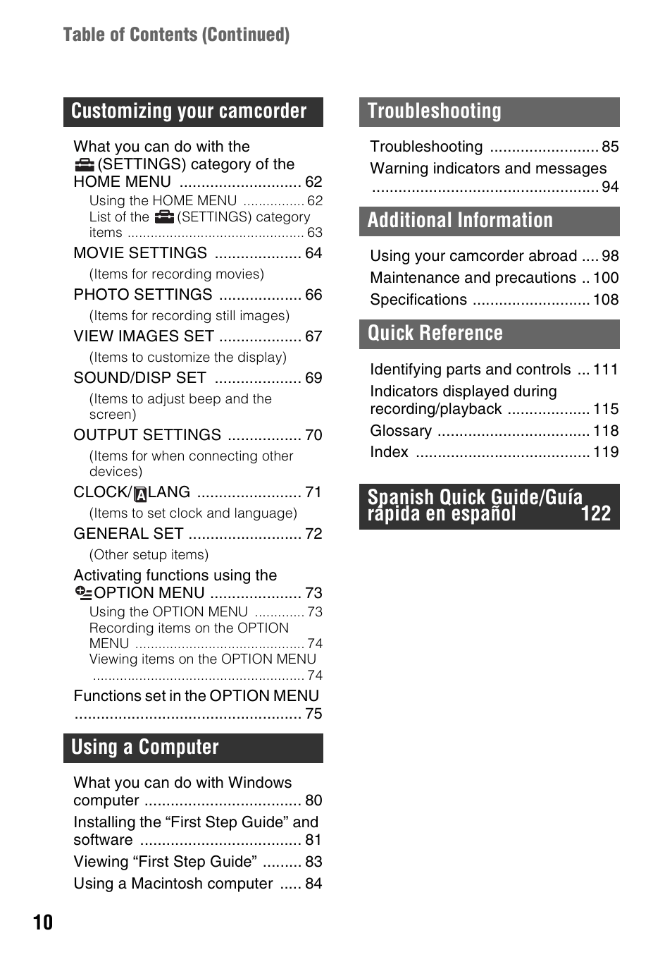 Table of contents (continued) | Sony DCR-DVD108BDL User Manual | Page 10 / 139