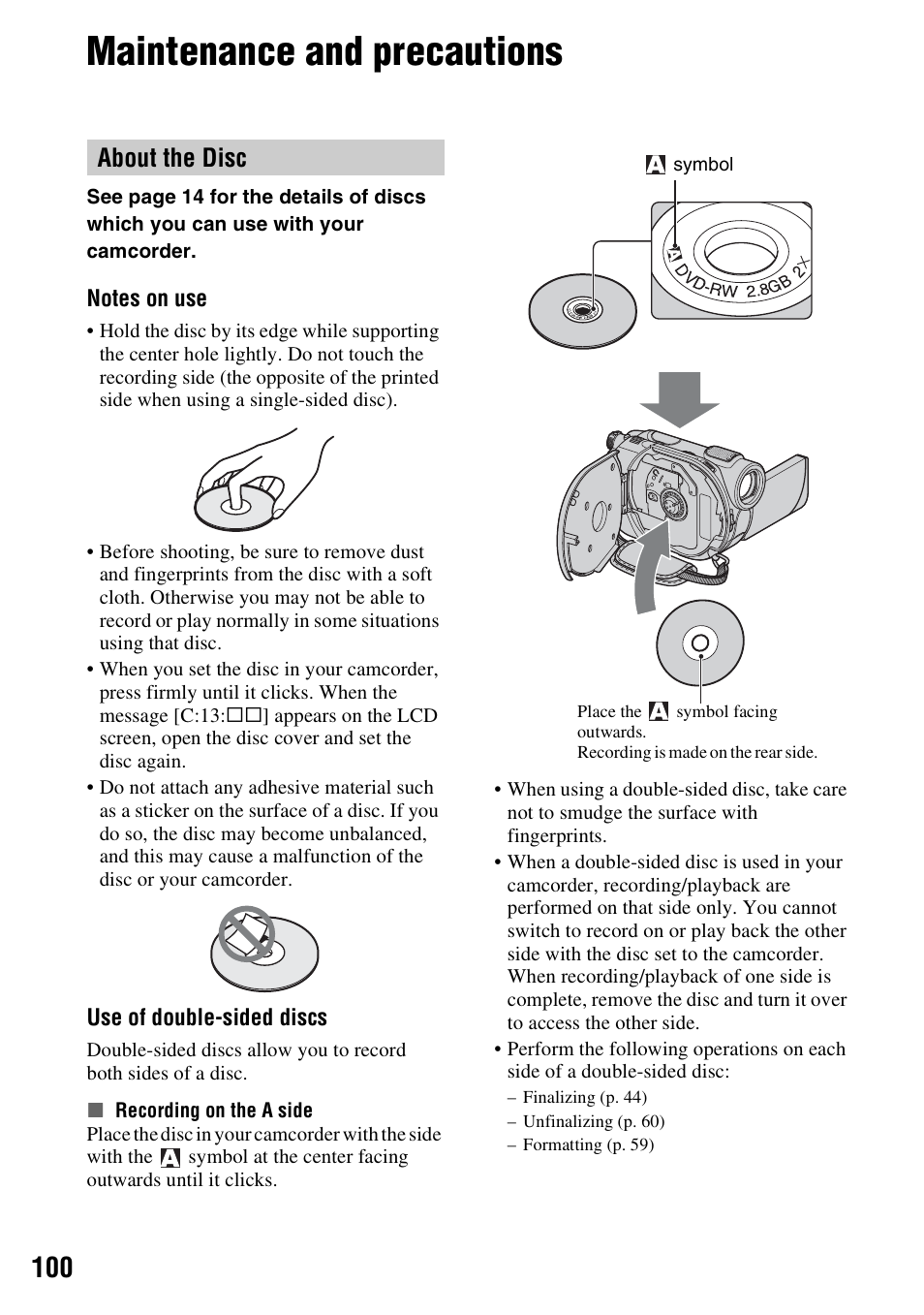 Maintenance and precautions, About the disc | Sony DCR-DVD108BDL User Manual | Page 100 / 139