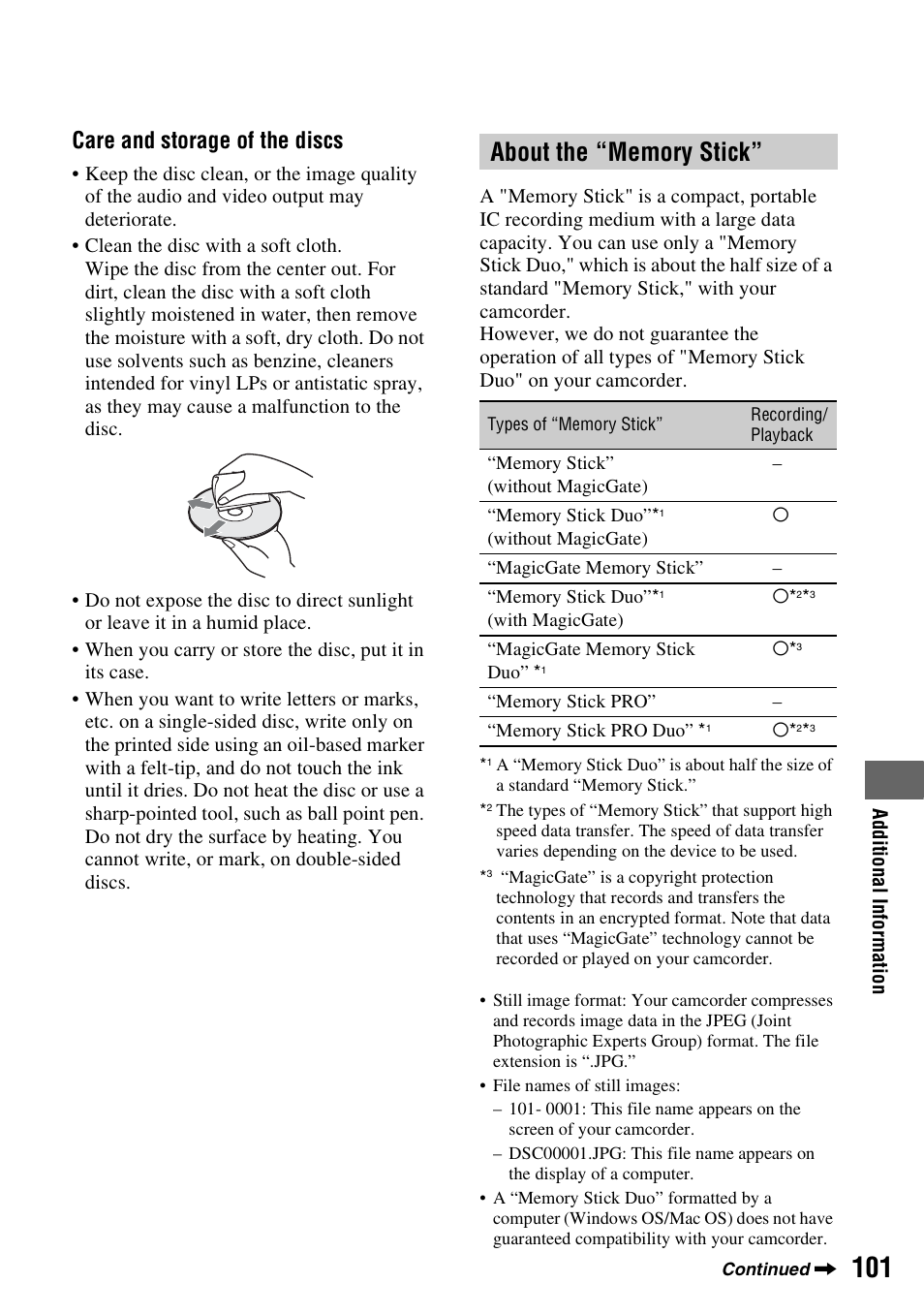 P. 101), H (p. 101), H (p.101) | P. 101, Care and storage of the discs | Sony DCR-DVD108BDL User Manual | Page 101 / 139