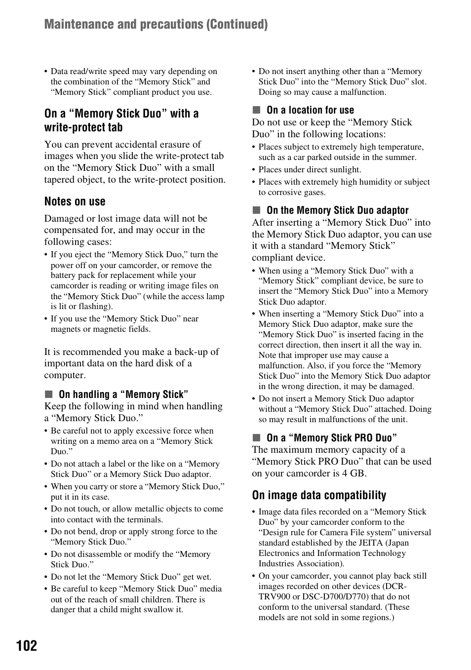 N (p. 102), P. 102), Maintenance and precautions (continued) | On image data compatibility | Sony DCR-DVD108BDL User Manual | Page 102 / 139