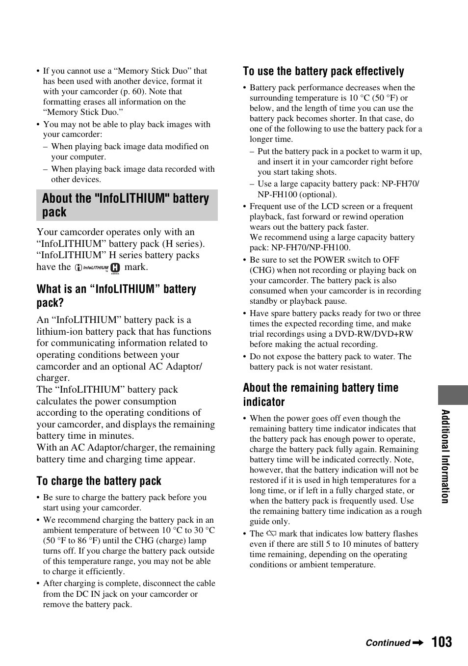 P.103), About the "infolithium" battery pack, What is an “infolithium” battery pack | About the remaining battery time indicator | Sony DCR-DVD108BDL User Manual | Page 103 / 139