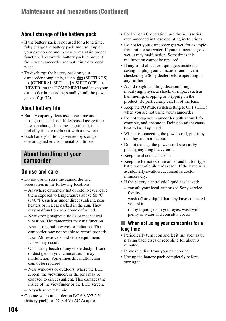 About handling of your camcorder, P. 104), Maintenance and precautions (continued) | About storage of the battery pack, About battery life, On use and care | Sony DCR-DVD108BDL User Manual | Page 104 / 139