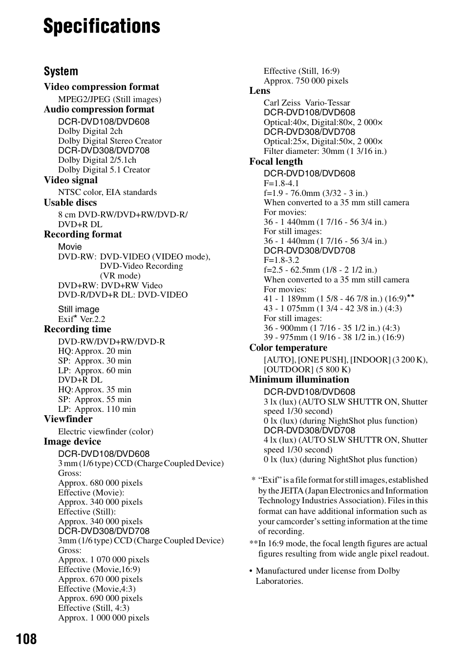 Specifications, System | Sony DCR-DVD108BDL User Manual | Page 108 / 139