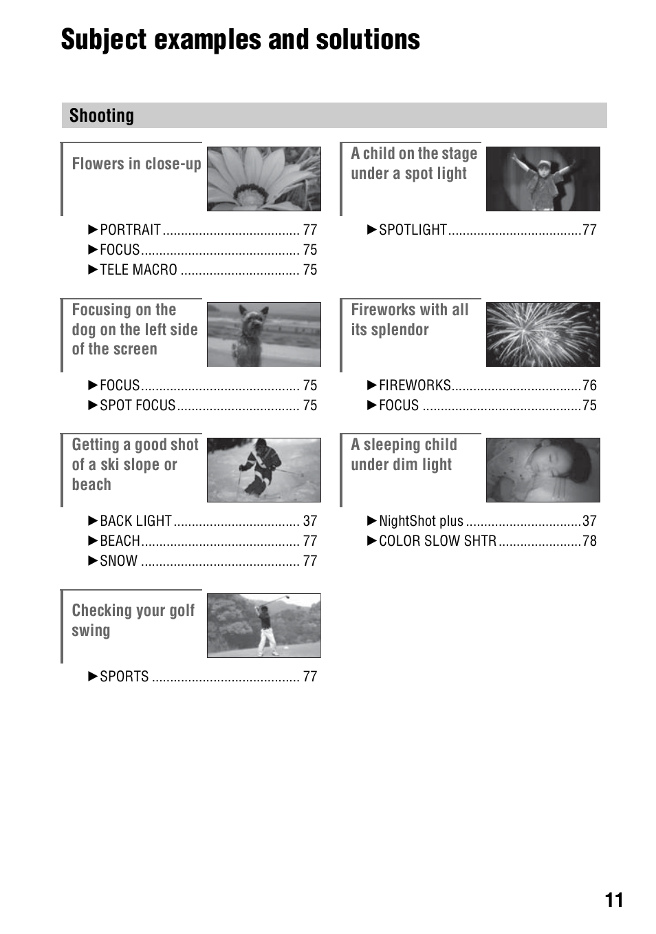 Subject examples and solutions, Subject examples and solutions 11, Shooting | Sony DCR-DVD108BDL User Manual | Page 11 / 139